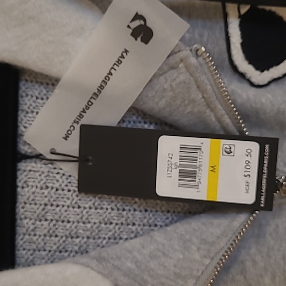NWT Karl Lagerfeld Gray Hooded Sweater Jacket with Patches Size M - Picture 2 of 10